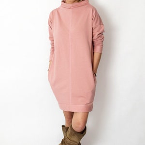 NEMO Vestido 100% algodón con cuello alto / hecho en Polonia / túnica hecha a mano / vestido suelto / algodón natural / mini vestido Dirty pink
