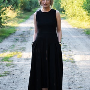 AUDREY long 100% cotton dress made in Poland / gray dress / handmade dress / with pockets / longer back of the dress Black