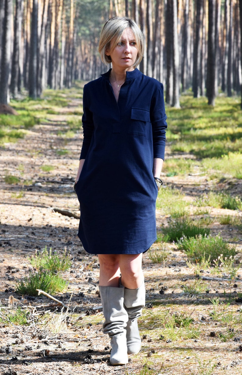 SAHARA 100% cotton dress with a stand-up collar made in Poland / with pockets / handmade dress / simple dress / vintage Navy Blue