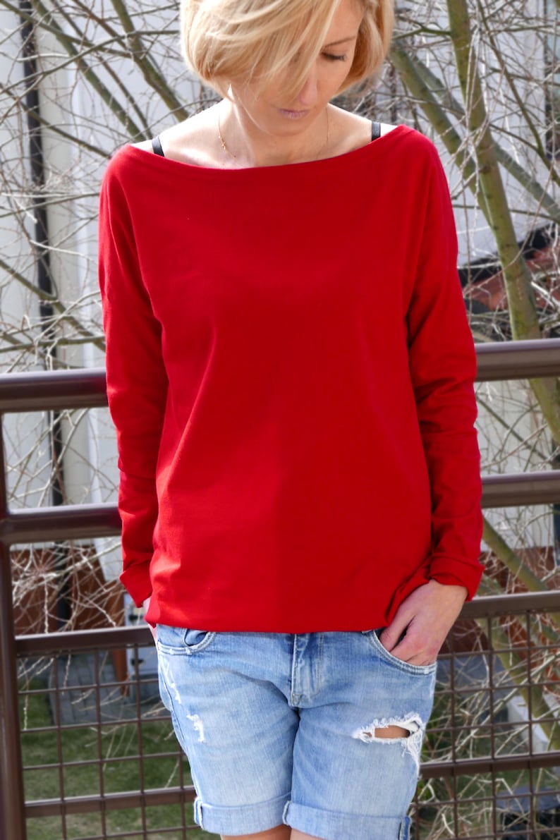 LONS LONGSLEEVE, 100% Baumwolle / schwarze Langarmbluse / LangarmBluse / Alltagsmode / Jersey Shirt / Top für Frauen / handgemacht & vintage Rot