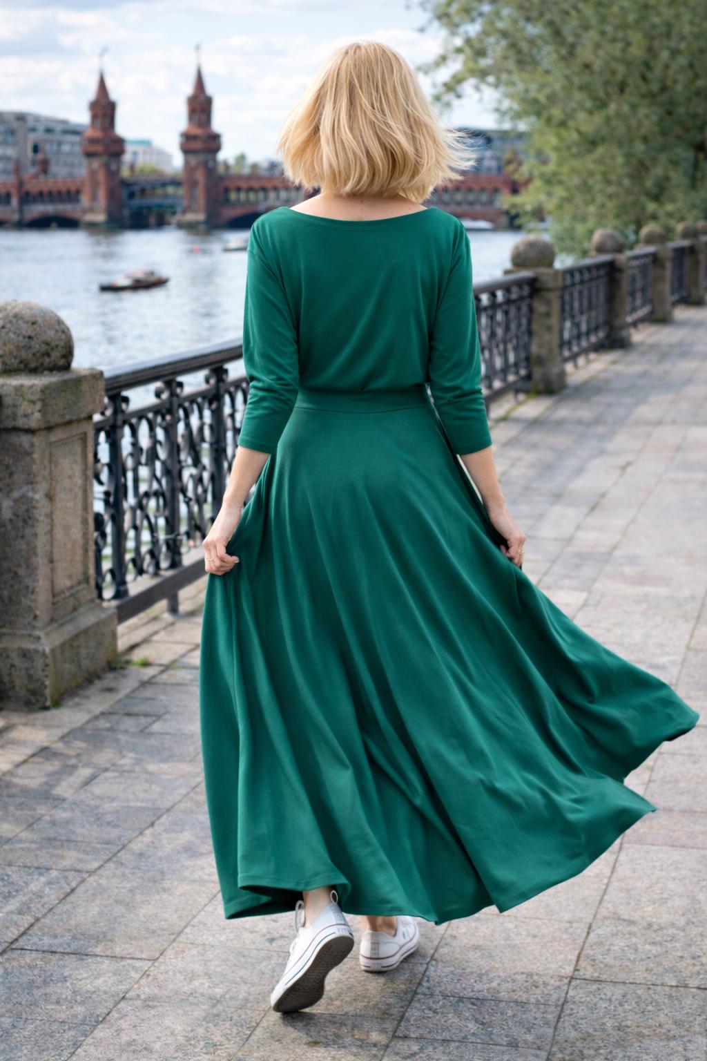 100% Cotton Maxi Dress With Waist Tie, Pockets, Long Sleeve Green Dress