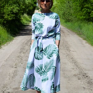 ADELA Midi grafitowa rozkloszowana sukienka bawełniana / Party Dress / 100% bawełna / Sukienka z kieszeniami / sukienka damska / sukienka midi / sukienka z rękawami Monstera