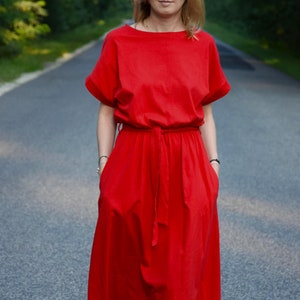 MANILA Cotton midi dress black / party dress / summer dress / dress for autumn / loose dress / midi dress / made in Poland Red
