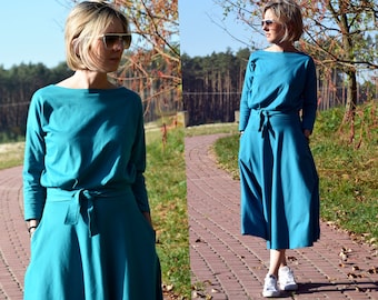 ADELA Midi Ausgestelltes Baumwollkleid / lockeres Kleid / 100% Baumwolle / Kleid mit Taschen / Damenkleid / langes Kleid / Kleid für Büro / elegant