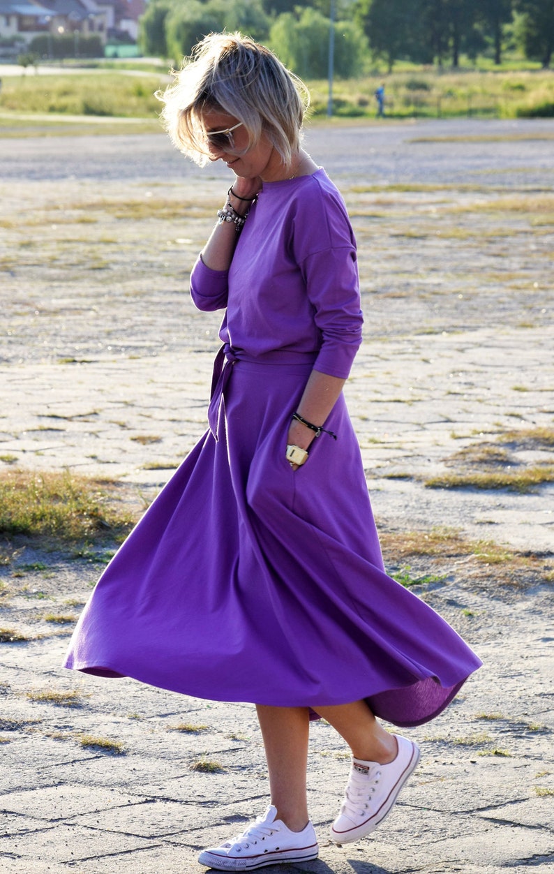 ADELA Midi Flared Sommer Baumwollkleid / 100% Baumwolle / Kleid mit Taschen / Damenkleid / Midikleid / Arbeitskleid / Violettes Kleid Bild 3