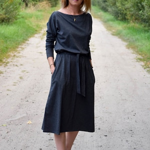 ROSE - cotton dress with belt - graphite / long sleeve and pockets / midi dress / made in Poland / vintage dress / handmade dress / midi