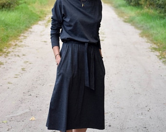 ROSE - cotton dress with belt - graphite / long sleeve and pockets / midi dress / made in Poland / vintage dress / handmade dress / midi