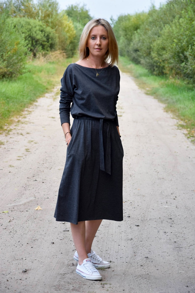 ROSE cotton dress with belt graphite / long sleeve and pockets / midi dress / made in Poland / vintage dress / handmade dress / midi image 1