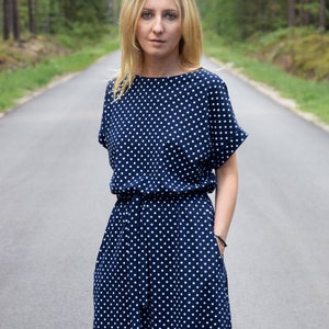 MANILA - Cotton midi dress, navy blue with white dots / autumn dress / unique dress / party dress / office dress / loose dress / retro dress