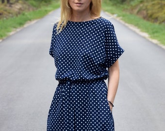 MANILA - Cotton midi dress, navy blue with white dots / autumn dress / unique dress / party dress / office dress / loose dress / retro dress