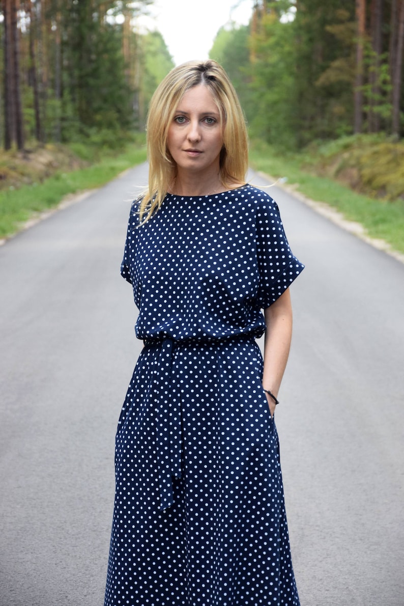 MANILA Cotton midi dress, navy blue with white dots / autumn dress / unique dress / party dress / office dress / loose dress / retro dress image 1