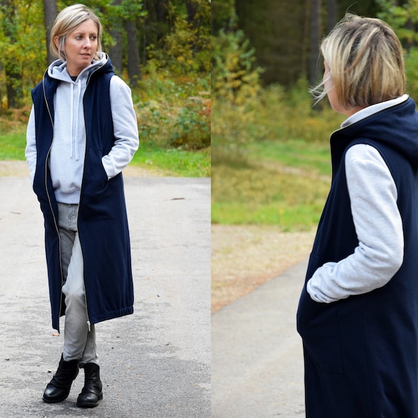 DEEP - 100% cotton sleeveless long cardigan / Women cotton Vest / navy blue Sleeveless Coat / Extravagant Vest / simple coat