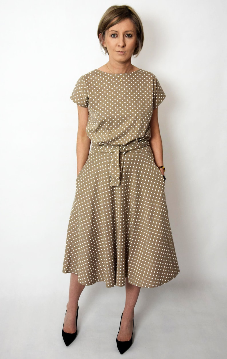 LUCY dotted dress Midi Flared cotton dress form Poland / handmade dress / 100% cotton dress / vintage dress / summer / made in Poland Light brown - mocha