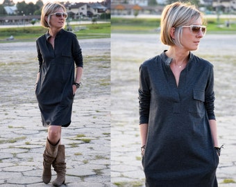 SAHARA - 100% cotton dress with a stand-up collar made in Poland / with pockets / handmade dress / simple dress / loose dress