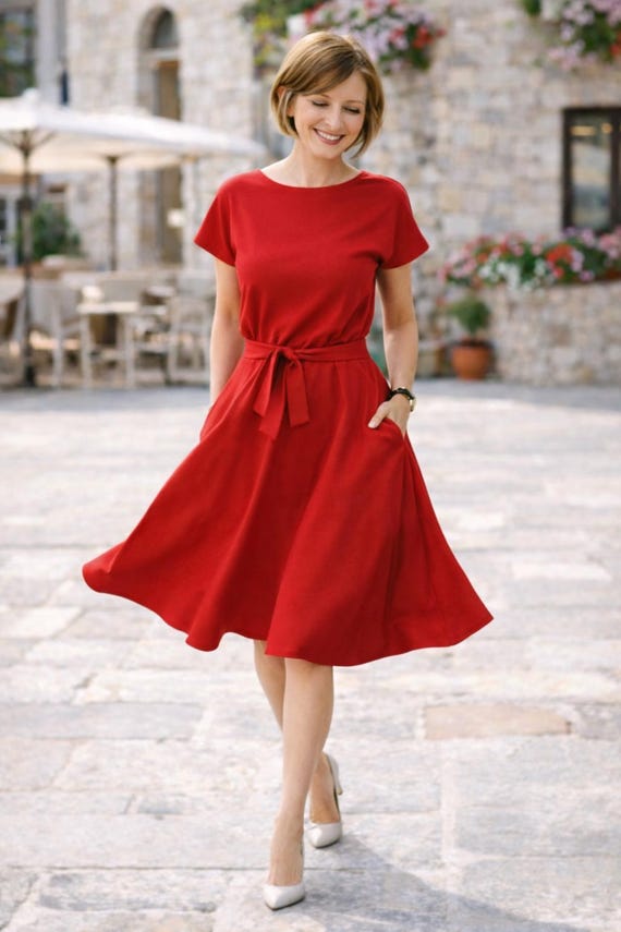 knee length dresses for ladies Red Rosette Pocket Midi Dress
