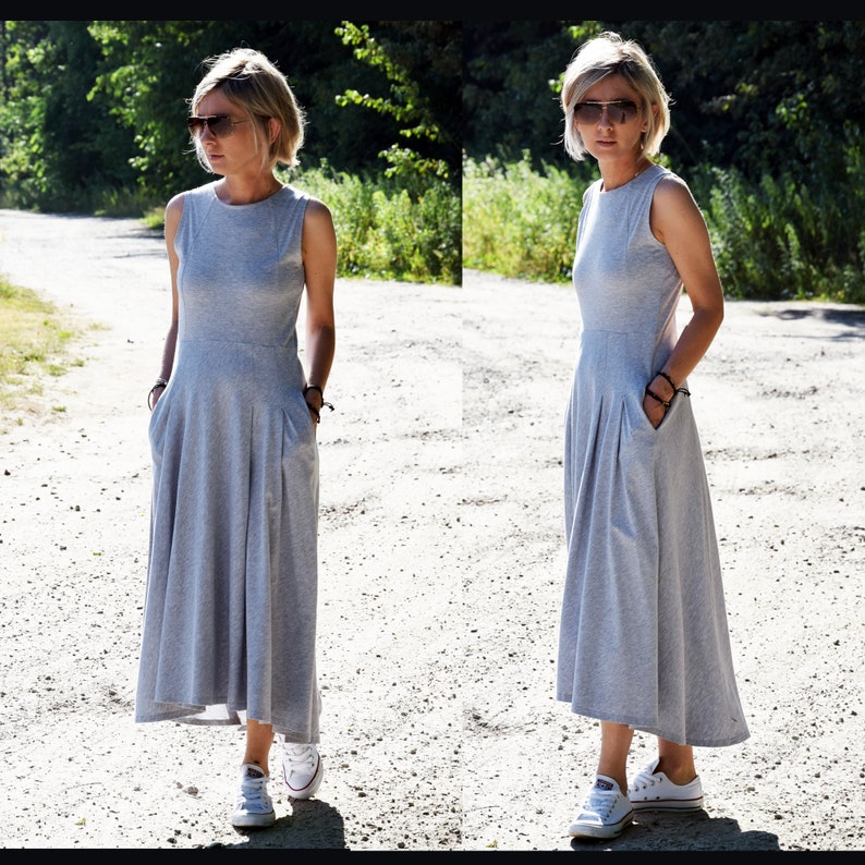 AUDREY long 100% cotton dress made in Poland / gray dress / handmade dress / with pockets / longer back of the dress Gray