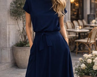Navy Blue Midi Dress with Pockets, Cotton Short Sleeve Dress
