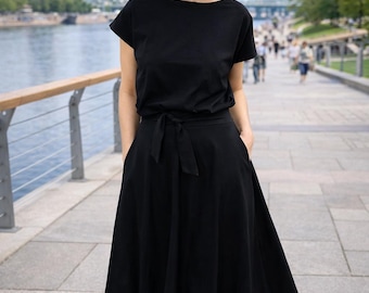 Black Cotton Midi Dress, Short Sleeve Flared Dress with Pockets, LUCY