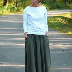 Cotton Midi Skirt: A-Line, Elastic Waist, Pockets
