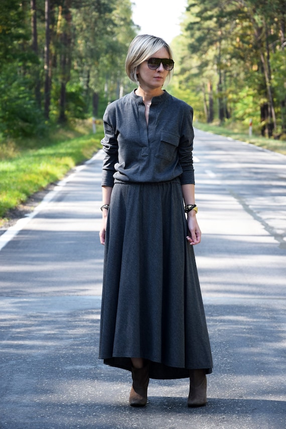 Cotton Maxi Dress: Long Sleeve Shirt Dress with Stand-Up Collar