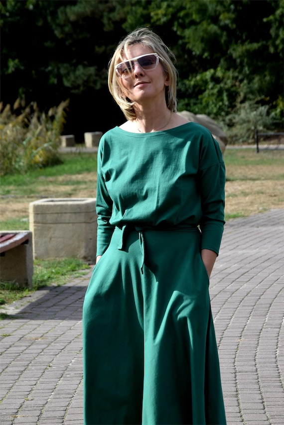 Green Cotton Midi Dress, Flared Dress with Pockets