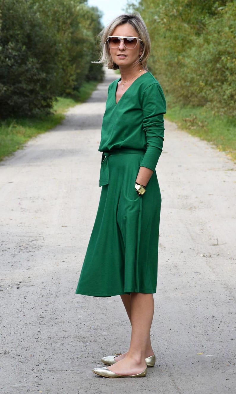 JENNIFER Vneck Cotton Midi Dress, Fuchsia Cotton Dress With Belt and