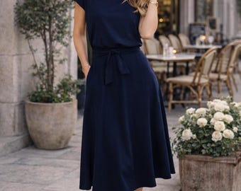 100% Cotton Jersey Knit,navy Blue Midi Dress With Pockets,half