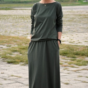 MAXIMA dress with pockets 100% cotton / 10 colours / dark red dress / long dresses / maxi dress / with sleeves / Size 6,8,10,12,S,M,L,XL khaki