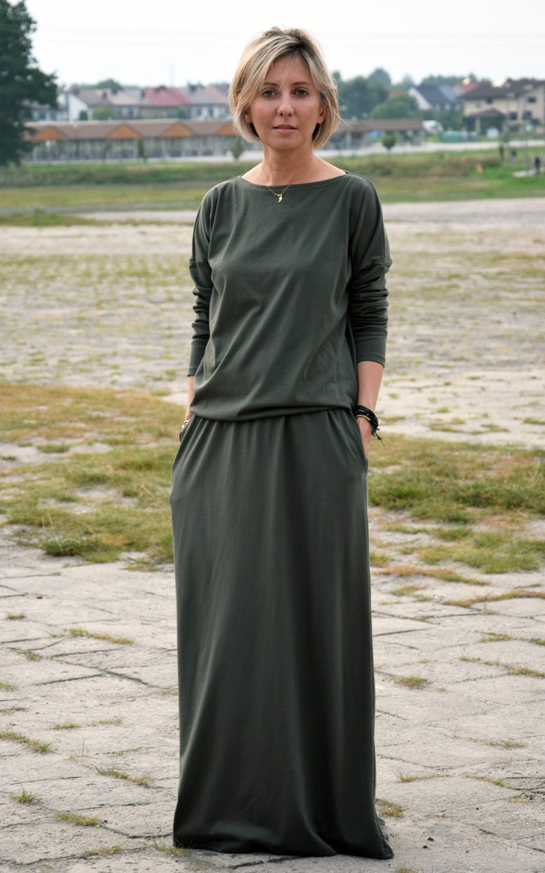 MAXIMA dress with pockets 100% cotton / 10 colours / dark red dress / long dresses / maxi dress / with sleeves / Size 6,8,10,12,S,M,L,XL khaki