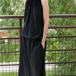 Sisters Long Dress Amira Graphite / cotton maxi dress / summer dress / tied at the neck / handmade and vintage Black