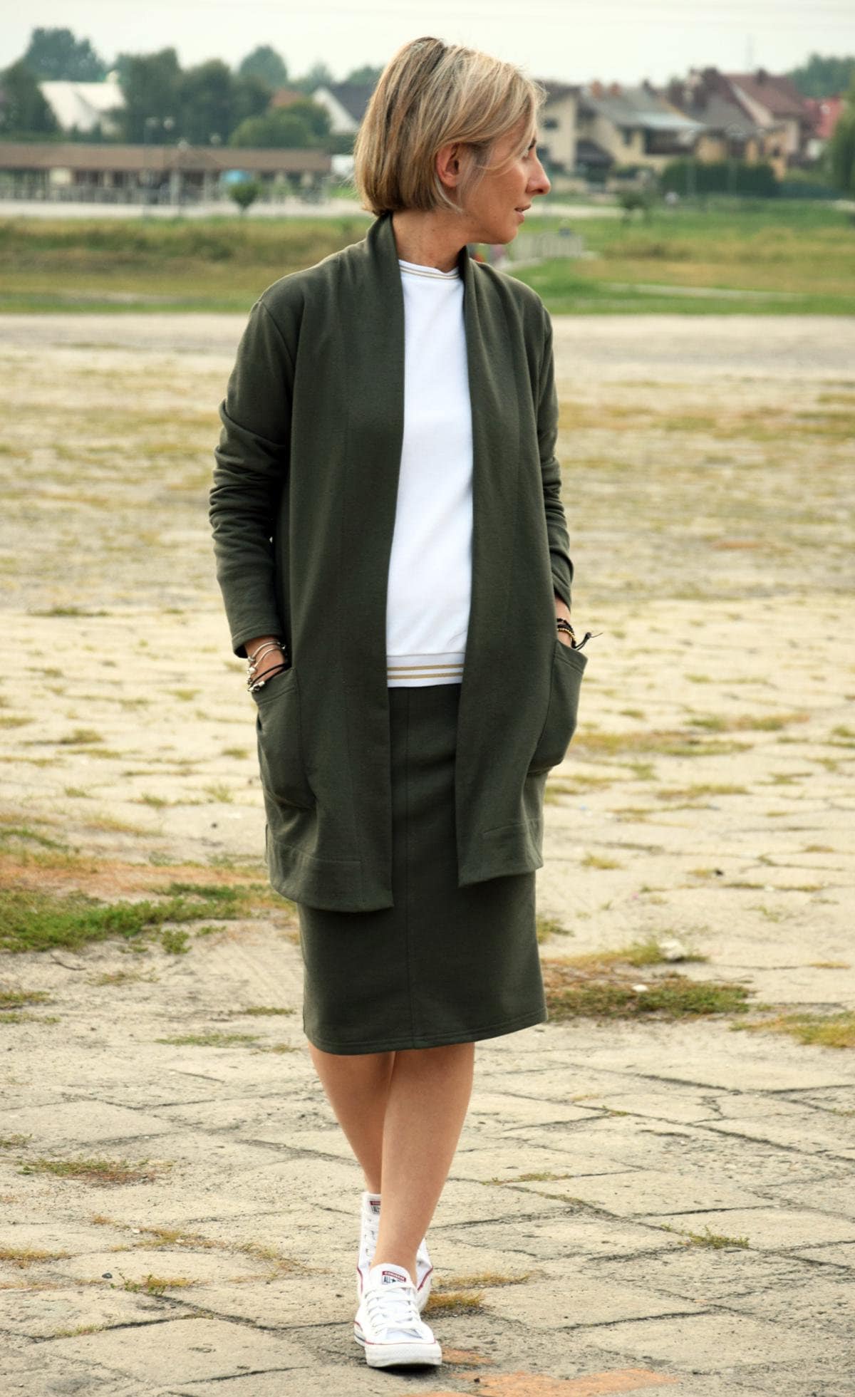 Khaki cotton cardigan, minimalist open front women's jacket