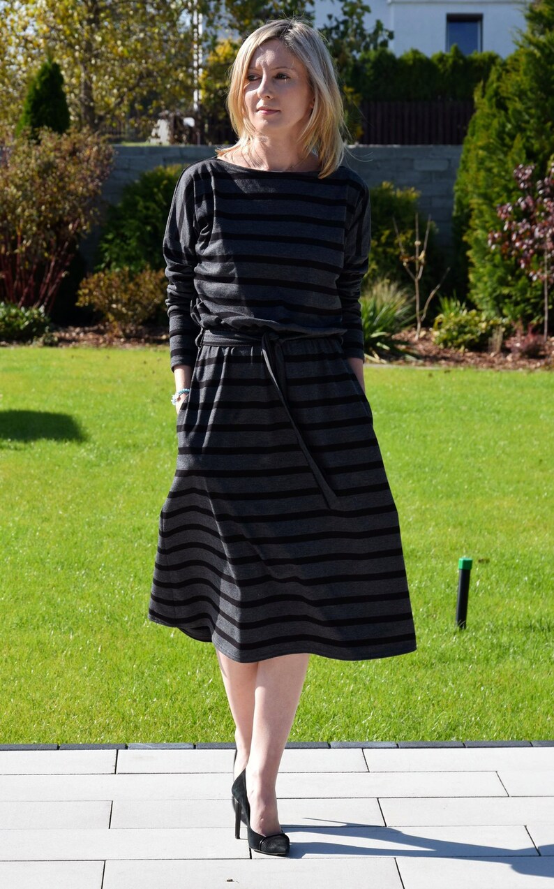 midi dress handmade striped dress Flared cotton dress 100/% cotton Dress with Pockets midi dress dress with sleeves Poland ROSE
