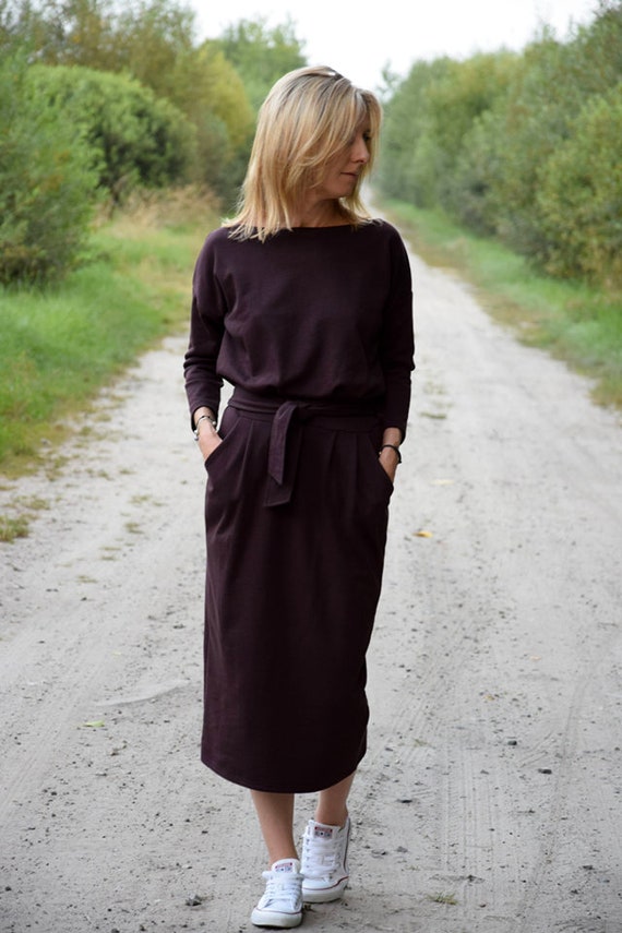 NINA Unique Brown 100% Cotton Maxi Dress With Belt / Handmade / Long Sleeves  / With Pockets / Round Neckline / Long Dress / Elegant Dress - Etsy