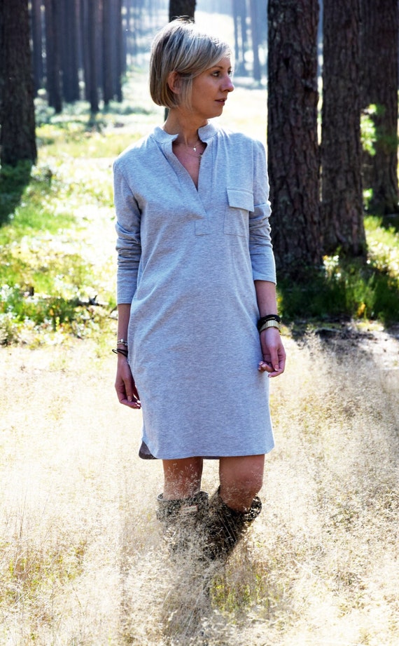 Grey Cotton Mini Dress, Long Sleeve Tunic Top With Pocket - Etsy