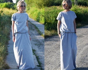 CLEO Kleid mit Taschen 100% Baumwolle / graues Kleid / lange Kleider / Maxi Kleid / Sommerkleid / lockeres Kleid / Minimalist Dress