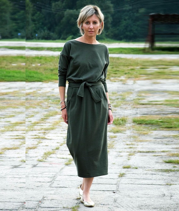 Cotton Maxi Dress, Long Sleeve Dress With Pockets, Bateau Neckline - Etsy