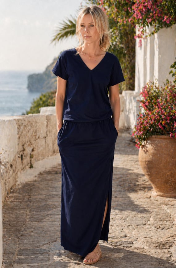 cotton knit dresses with pockets Maxi Dress, Navy Blue V-neck Dress 46 X Large(16 Choose Size:44/34 Floral dresses hermosa beach burgundy dresses at macy's