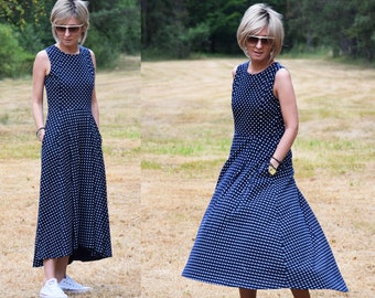AUDREY - long 100% cotton dress made in Poland / dotted dress / white polka dots / with pockets / handmade dress / vintage