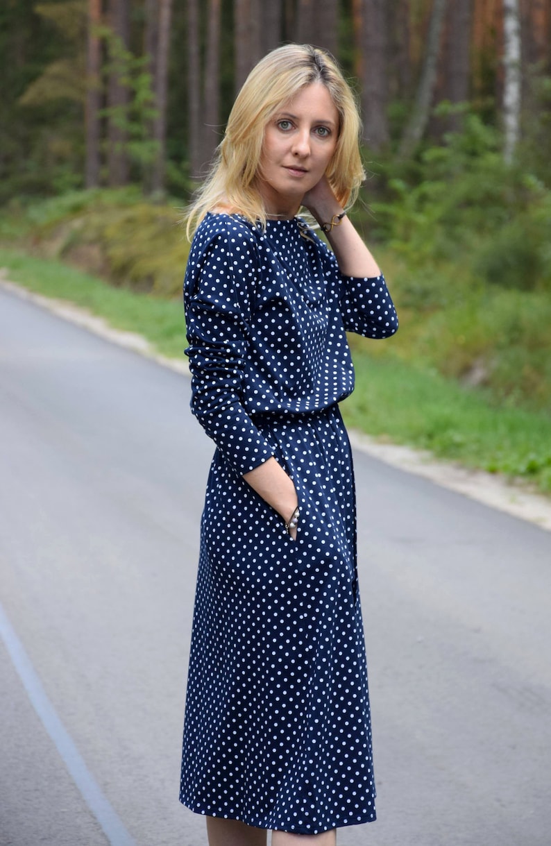 ROSE Midi Baumwollkleid mit Gürtel Polka Dots / Langarm und Taschen / Midi Kleid / made in Poland / Vintage Kleid / handgemachtes Kleid Bild 2