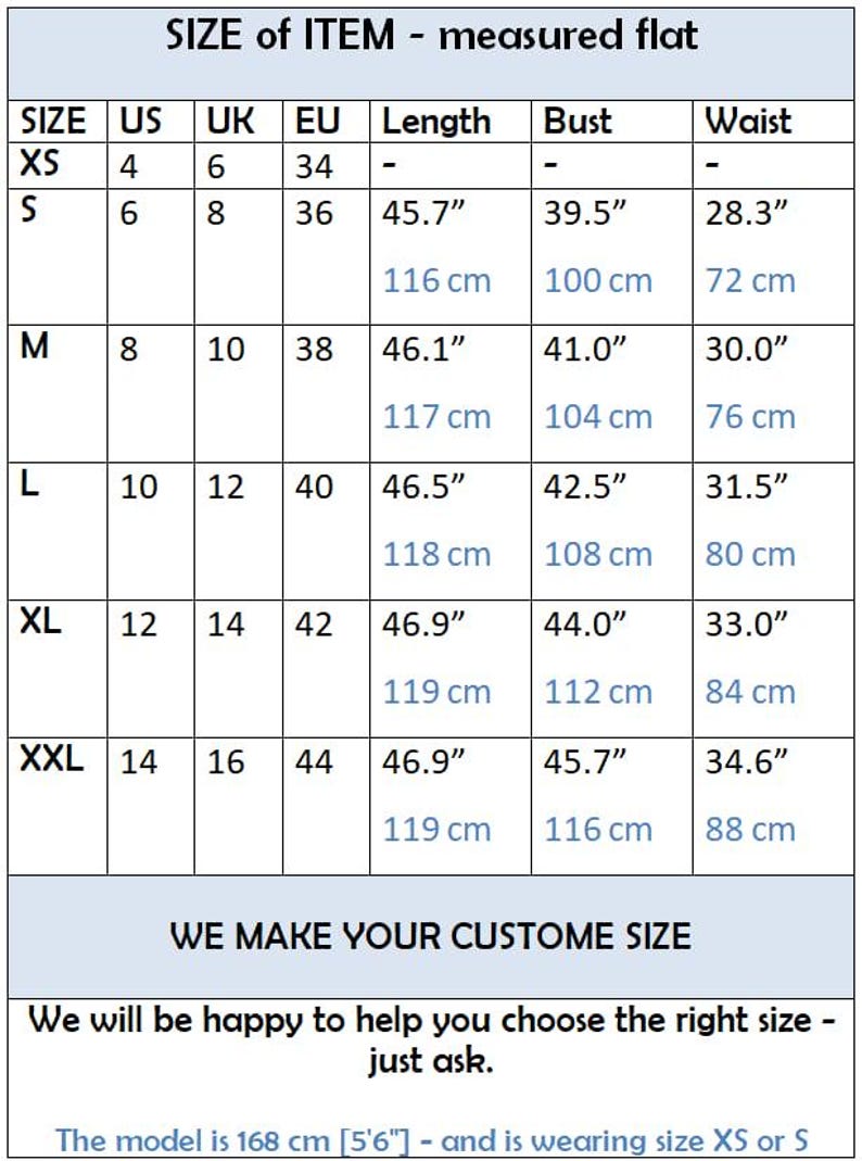 May include: A size chart showing measurements for clothing sizes XS to XXL. Measurements are provided in inches and centimeters for length, bust, and waist. The chart includes US, UK, and EU sizes. The text "WE MAKE YOUR CUSTOM SIZE" is also visible.