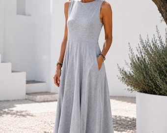 Light Grey Midi Dress with Pockets, Cotton Sleeveless Dress, AUDREY