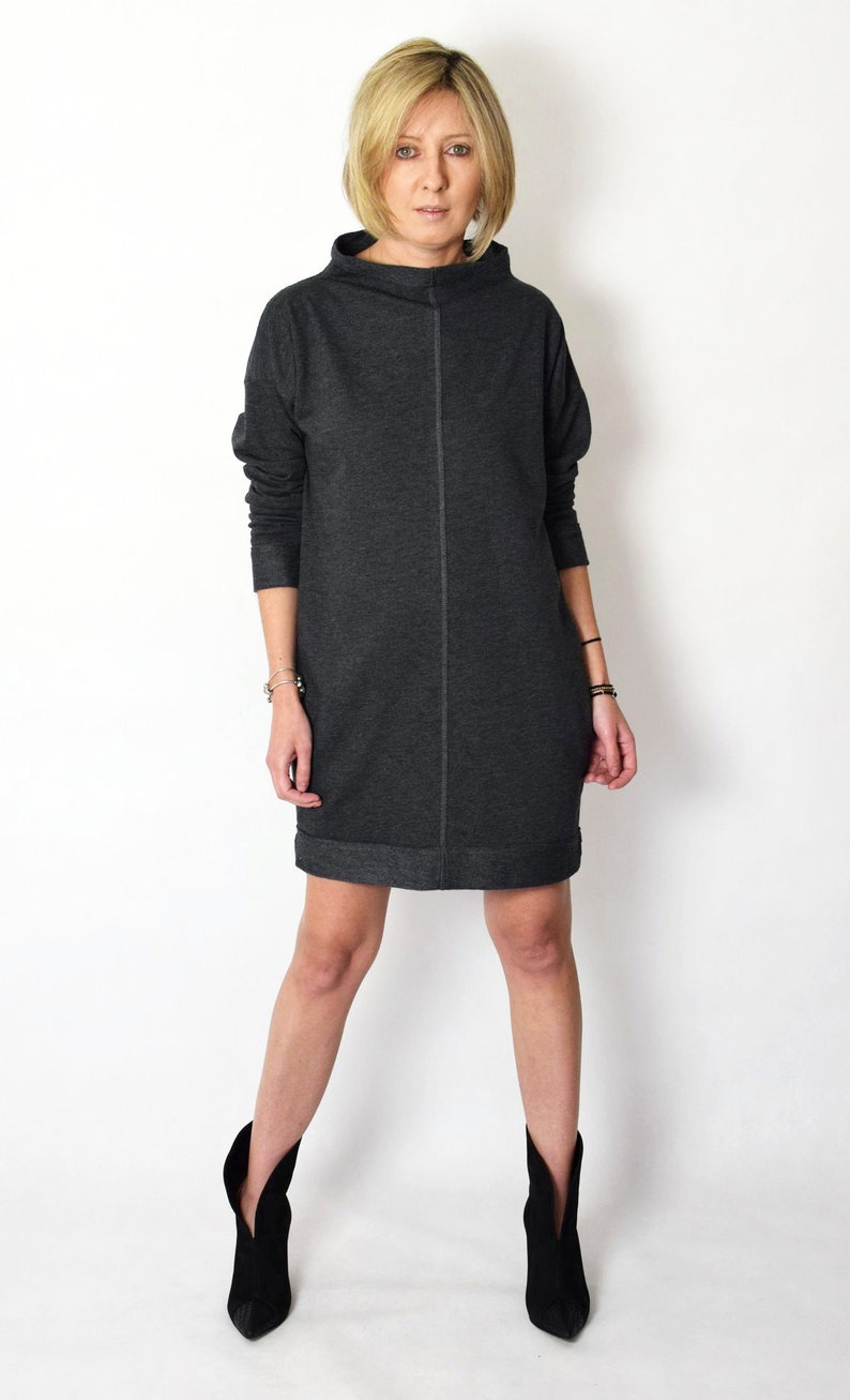 NEMO 100% Baumwolle Kleid mit Stehkragen / made in Poland / handgemachte Tunika / lockeres Kleid / natürliche Baumwolle / Minikleid Graphite