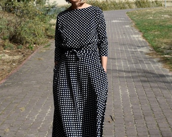 Polka Dot Cotton Dress, Midi Dress with Pockets, ADELA