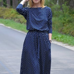 ROSE midi cotton dress with belt polka dots / long sleeve and pockets / midi dress / made in Poland / vintage dress / handmade dress image 4