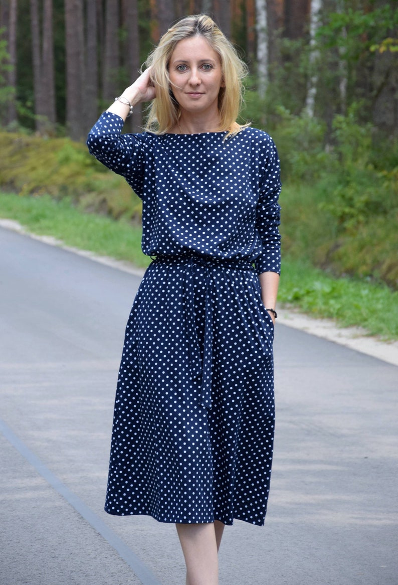 ROSE midi cotton dress with belt polka dots / long sleeve and pockets / midi dress / made in Poland / vintage dress / handmade dress image 4