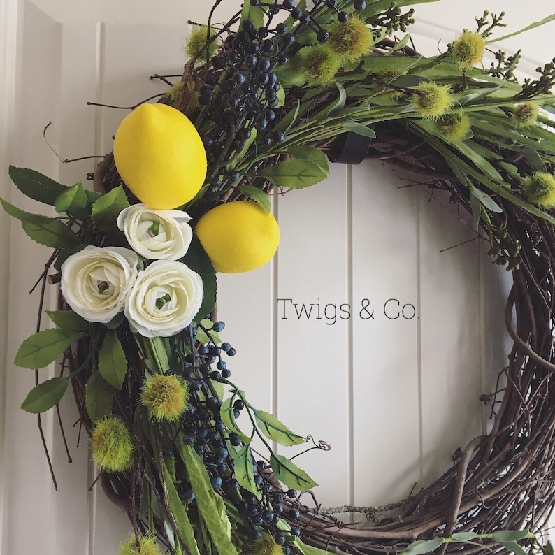 Lemonberry wreath with greenery and white flowers spring and summer wreath