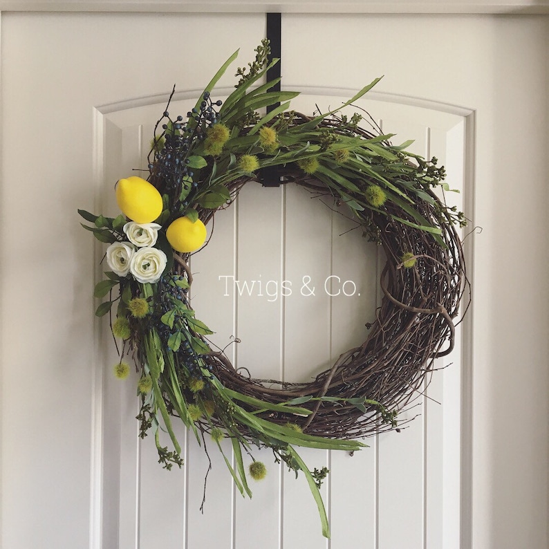 Lemonberry wreath with greenery and white flowers spring and summer wreath