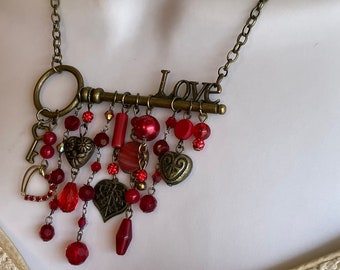 LOVE Key Charm Necklace // Dangling Charm Necklace with Red Beads / L.O.V.E Valentine's Day Necklace
