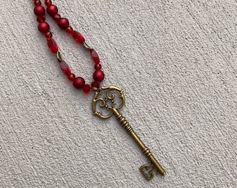 Bold Red vintage rustic key necklace // long necklace with red beads // unique key necklace // holiday necklace