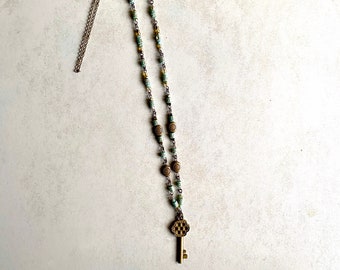 Bronze and Teal Beaded Key Necklace // Long Key Necklace // Simple Key Necklace